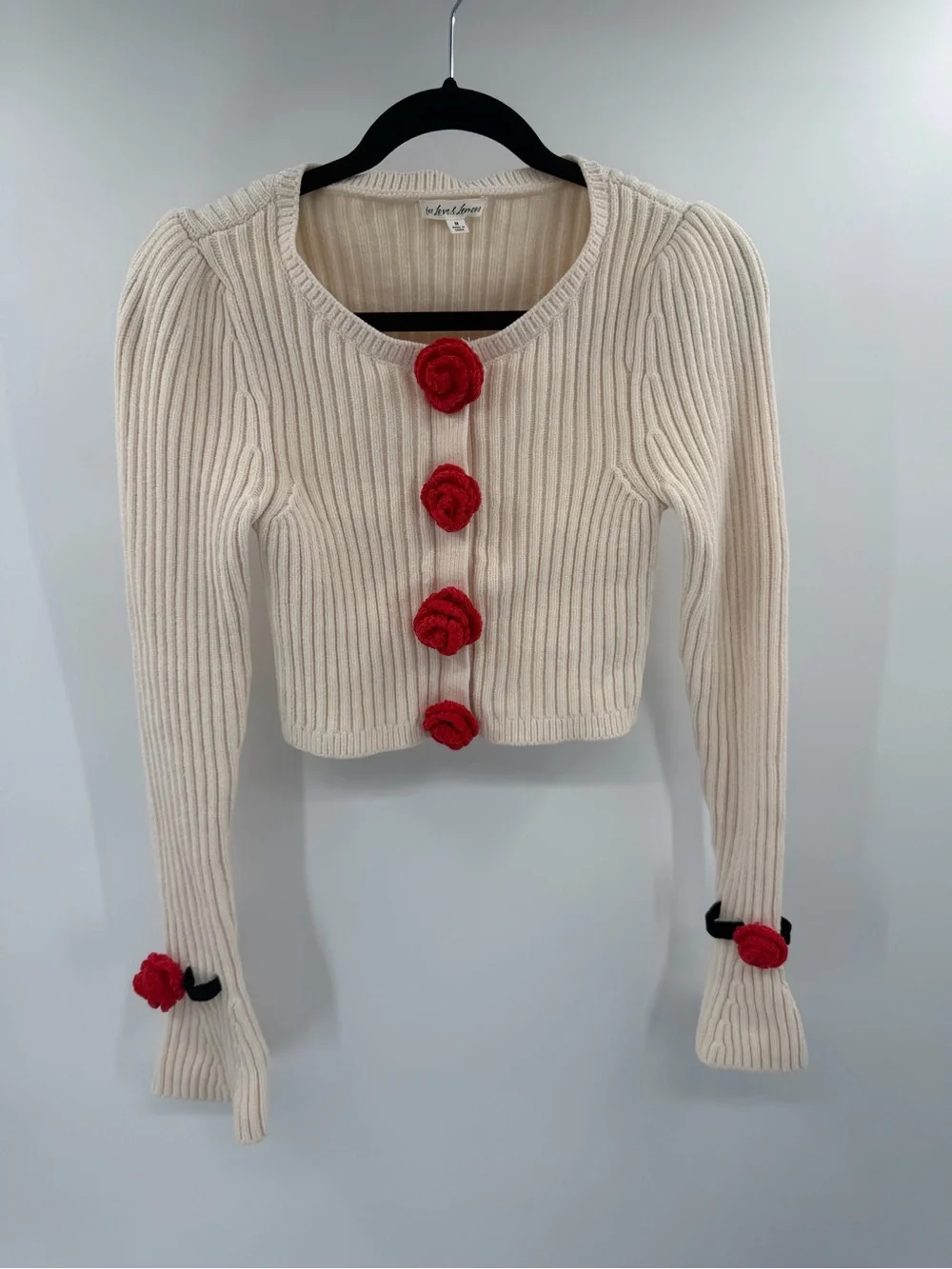 For Love & Lemons Roxana Cardigan Ribbed Knit Rosette Appliqus White Womens Med